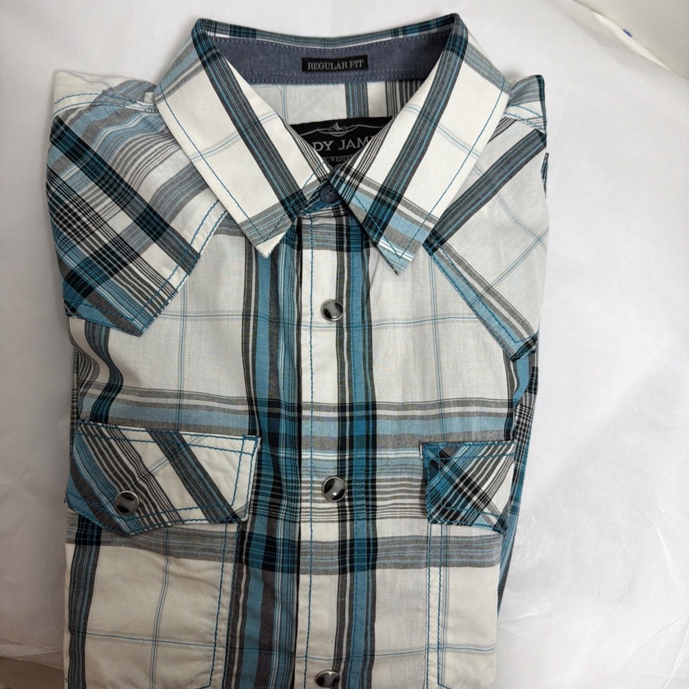 Cody James western wear pearl snap Catseye LS blue West print shirt mens Small